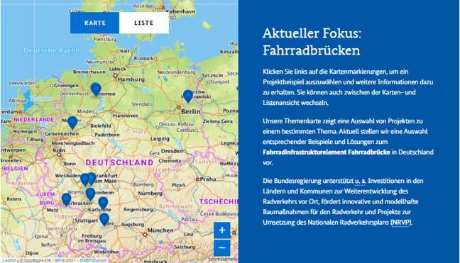 Grafik zeigt Deutschlandkarte mit Pins, die zu verschiedenen Beispielen für Fahrradbrücken führen. (Quelle: Mobilitätsforum Bund) Grafik zeigt Deutschlandkarte mit Pins, die zu verschiedenen Beispielen für Fahrradbrücken führen.